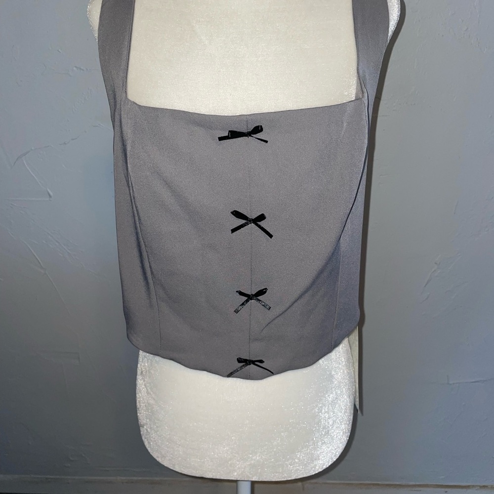 NWT Life Grey Croset Crop Top Black Bow Detailing Size XL